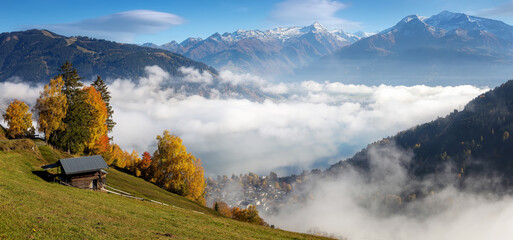 Fototapete - Colorful foggy morning in the Alps mountains. autumn foggy scenery. Amazing nature background. Mountainous autumn landscape. Red folliage on trees and fog in the distant valley. Zell am see lake