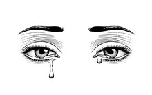 Vintage Engraving Stylized Drawing Of Female Eyes Weeping Eyes With Tears Isolated On White