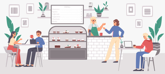 Wall Mural - Young working in cafe. Eating desserts, drink coffee and work. Coworking in cafeteria, teenagers with laptop. Snugly barista sell drinks vector scene