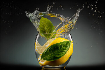 lemon splashing water from a glass with mint leaves