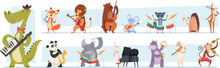 Animals Musicians. Wild Zoo Characters Play Music Instruments Exact Vector Cartoon Illustrations Of Animals On Concert