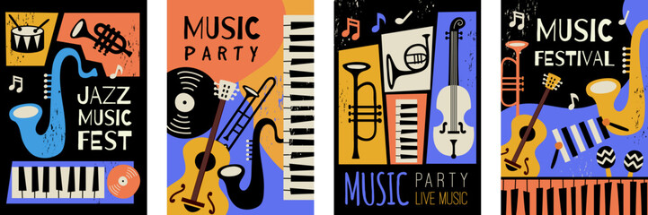 Poster - music cards. posters invitation for musical event recent vector templates with musicians instruments