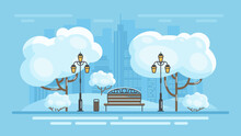 Winter City Vector Illustration. Cartoon Urban Morning Panoramic Landscape With Snow On Street And Cold Park Bench, Trees And Lamp, Silhouettes Of Blue Office Skyscrapers In Winter Snowy Season