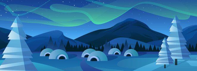 winter landscape with mountains and northern lights vector illustration. cartoon snowy scene with cu