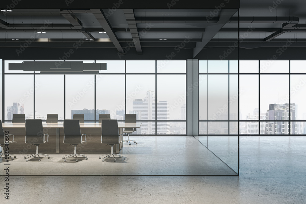 Side view on modern conference room with wooden table behind glass ...