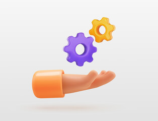 3d cartoon hand holding cogwheels isolated vector illustration. Customer support three dimensional icon. Technical support engineering concept. Online internet consultation 