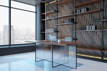Poster - Perspective view on modern office cabinet with stylish transparent work table, modern laptop, city view from panoramic window and dark wall bookcase background. 3D rendering