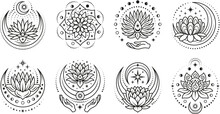 Mystic Lotus Elements. Spirit Flower Line Tattoo Template. Boho Style Symbols, India Henna Yoga Design. Celestial Magic Tidy Vector Graphic Art
