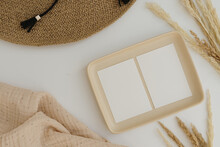 Paper Sheet Cards With Blank Mockup Copy Space, Straw Hat And Dried Pampas Grass On White Background