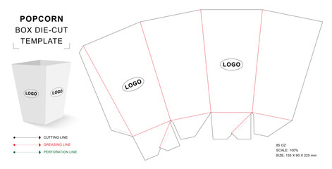 Popcorn box die cut template with 3D blank vector mockup for 85 ounce