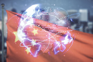 Aufkleber - Abstract virtual world map with connections on Chinese flag and city background, international trading concept. Multiexposure
