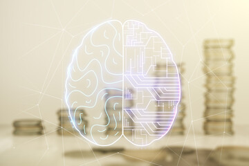 Poster - Virtual creative artificial Intelligence hologram with human brain sketch on coins background. Double exposure