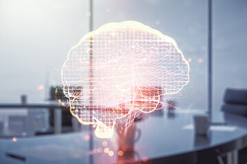 Poster - Double exposure of creative human brain microcircuit hologram on a modern boardroom background. Future technology and AI concept