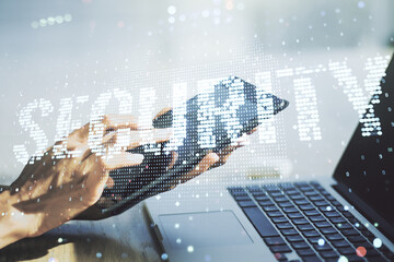 Poster - Cyber security creative concept with finger clicks on a digital tablet on background. Double exposure
