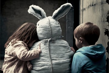 rear view of children taking hostage easter bunny, created with generative ai technology