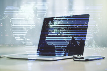 Poster - multi exposure of abstract graphic world map on modern computer background, big data and networking 