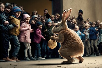 Wall Mural - Side view of an easter bunny with a bag full of eggs in front of children, created with Generative AI technology