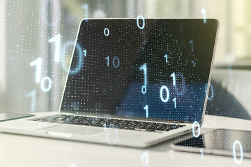 Aufkleber - Creative abstract binary code sketch on modern laptop background, hacking and matrix concept. Multiexposure