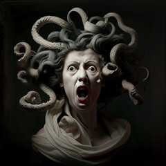 Medusa Gorgon Snakes Malevolent Enemy DND Roleplaying Character Monster Woman RPG Quest Caravaggio Style Concept Painting Generative AI Tools Technology illustration