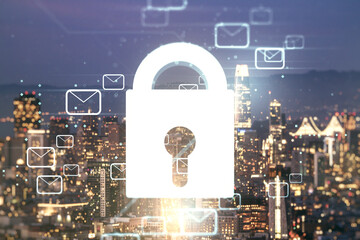 Poster - Abstract virtual lock symbol and postal envelopes illustration on San Francisco skyline background. Protection and firewall concept. Multiexposure