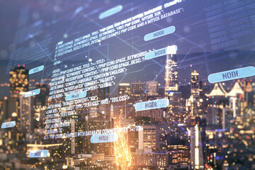 Poster - Double exposure of abstract programming language interface on San Francisco city skyscrapers background, research and development concept
