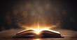 © Studio Multiverse - Open book Bible on wooden desk with mystic bright light fantasy light like holy spirit on black bokeh background magic poster 3d illustration