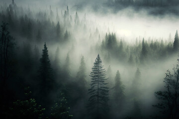 Wall Mural - Forest landscape view from above, foggy forest. AI