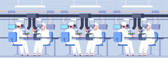 Poster - Pcb assembly. Workers with oscilloscope soldering working on factory electronics production line, research test laboratory china microchip component, splendid vector illustration