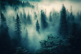 Fototapeta  - Forest landscape view from above, foggy forest. AI