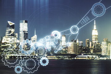 Aufkleber - Abstract virtual robotics technology hologram on New York cityscape background, artificial intelligence and machine learning concept. Multi exposure