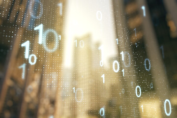 Aufkleber - Abstract virtual binary code hologram on modern architecture background, AI and machine learning concept. Multiexposure