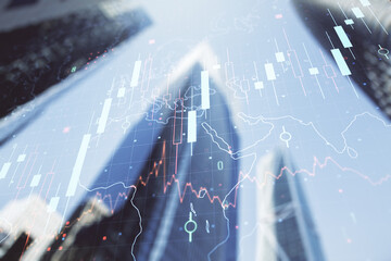 Aufkleber - Multi exposure of abstract financial diagram with world map on office buildings background, banking and accounting concept
