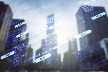 Poster - Abstract virtual coding concept and world map hologram on office buildings background. Multiexposure