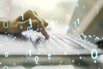 Aufkleber - Creative abstract binary code hologram and hands typing on computer keyboard on background, AI and machine learning concept. Multiexposure
