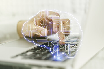 Poster - creative artificial intelligence concept with human brain sketch and hands typing on computer keyboa
