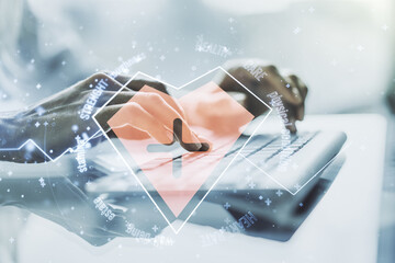 Poster - Creative abstract heart rate sketch and hands typing on computer keyboard on background, Medicine and healthcare concept. Multiexposure