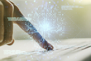 Poster - Creative code skull sketch and hands typing on computer keyboard on background, theft of personal data and malware concept. Multiexposure