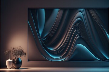 Poster -  a vase with a plant in it next to a painting on a wall with a blue background and a black vase with a plant in it next to it and a black vase with a. Generative AI