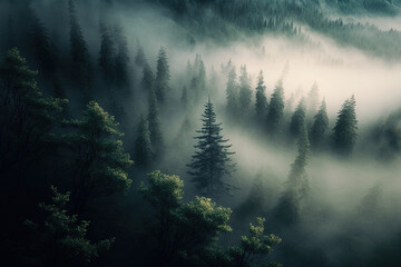 Wall Mural - Forest landscape view from above, foggy forest. AI