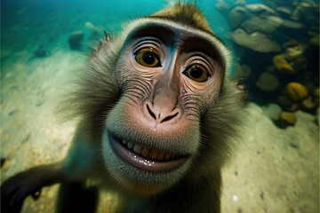  a monkey is smiling and looking at the camera with a smile on his face and a green background with rocks and water around him and rocks, and a few fish, and a few. Generative AI