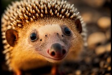  A Small Hedgehog With A White Head And Brown Ears Is Looking At The Camera With A Smile On Its Face And A Black Nose And Nose Is Standing On A Rock Surface With Pebbles.