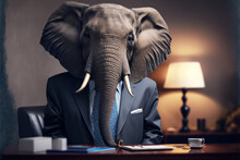 Portrait Of Elephant In A Business Suit, At The Office, Generative Ai