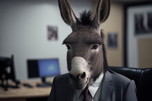 Portrait Of Donkey In A Business Suit, At The Office, Generative Ai