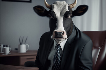 Wall Mural - Portrait of cow in a business suit, at the office, generative ai