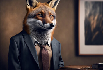 Wall Mural - Portrait of fox in a business suit, at the office, generative ai