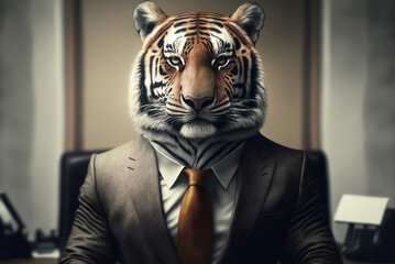 Wall Mural - Portrait of tiger in a business suit, at the office, generative ai