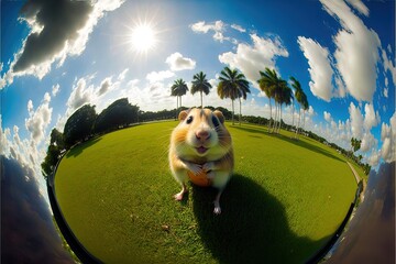 Canvas Print -  a hamster is sitting on a green field and looking at the camera with a wide angle of its body and head, with palm trees in the background, and a blue sky with white. Generative AI