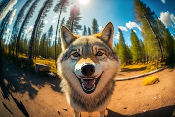 Canvas Print -  a wolf is shown in a fisheye lens with a forest in the background and a sunburst in the sky above it, and a forest in the foreground, a sunny, with a. Generative AI