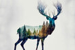 Doppelbelichtung von einem Hirsch und seinen lebensraum den Wald isoliert auf weißen Hintergrund mit Platzhalter