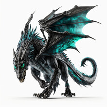 Gigantic Black Dragon With Flurescent Turqoise Eyes Walking Towards The Camera. Designed Using Generative Ai.